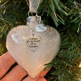 Heart with Word Feather Ball Pendant Decorations, with Clear PET Plastic Dome and Alloy Findings, for Memorial Party Home Hanging Ornament