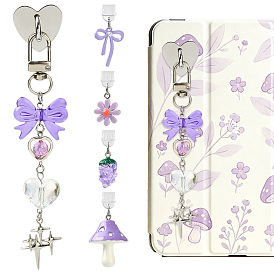 5 Lot de bouchons anti-poussière en PVC pour téléphone portable et support de téléphone en fer, nœud papillon/champignon/étoile, avec des pendentifs en acrylique, résine et alliage