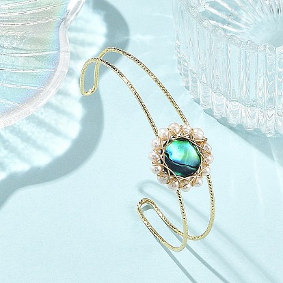 Браслеты-манжеты из латуни с двойной проволокой и цветочным узором, с натуральными раковинами морского ушка и жемчугом