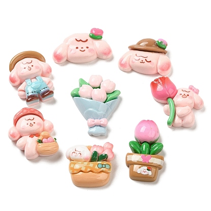 Cartoon Opaque Resin Decoden Cabochons, Flower & Bouquet & Cute Puppy, Mixed Shapes