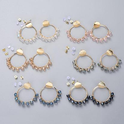 Dangle Stud Earrings, with Glass Beads, Plastic & Brass Ear Nuts, Golden Plated Brass Findings and Cardboard Boxes, Ring