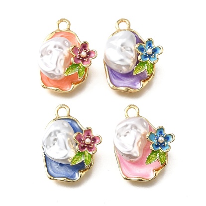 Подвески из эмали и сплава, с ABS имитации жемчуга, овальные с цветком, стойки покрытие, долговечный, без свинца, без кадмии и без никеля, золотые