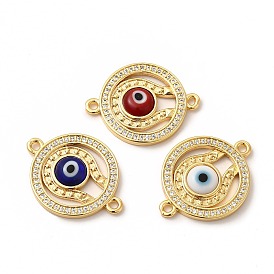 Rack Plating Real 18K Gold Plated Brass Micro Pave Clear Cubic Zirconia Connector Charms, Flat Round Links with Evil Eye, with Handmade Lampwork, Cadmium Free & Lead Free, Long-Lasting