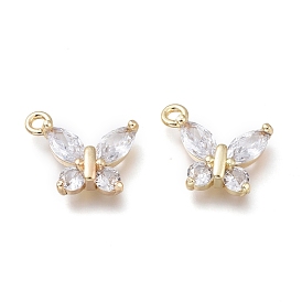 Brass Micro Clear Cubic Zirconia Pendants, Long-Lasting Plated, Butterfly Shape