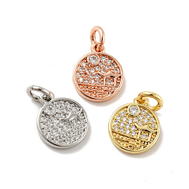 Flat Round with Pavilion Brass Micro Pave Clear Cubic Zirconia Charms, with Jump Rings, Cadmium Free & Lead Free