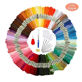 100 Colors 6-Ply Polycotton Embroidery Floss, Cross-Stitch Thread Set, with Needle, Threader, Thimble, Seam Ripper, Wire Winding Board