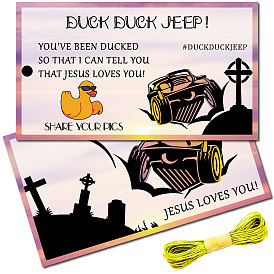 Бумажная карточка, поздравительная открытка, открытка с благодарностью, прямоугольник с космической уткой и словом "приятная поездка", с джутовым шпагатом