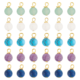 60Pcs Frosted Natural & Synthetic Gemstone Charms, with Golden Tone Alloy & Iron Findings, Mixed Dyed and Undyed, Round