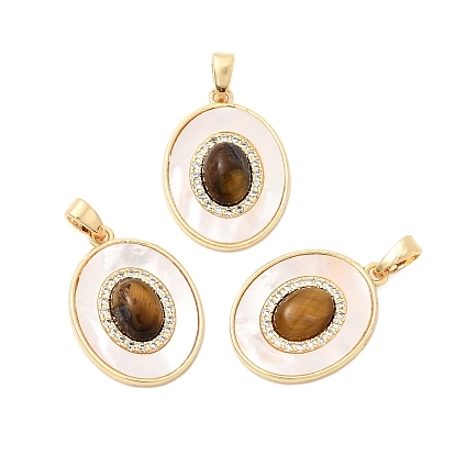 Натуральный тигровый глаз в подвесках из натуральной белой раковины, Овальные подвески с латунными микропаве из прозрачных кубических цирконий.