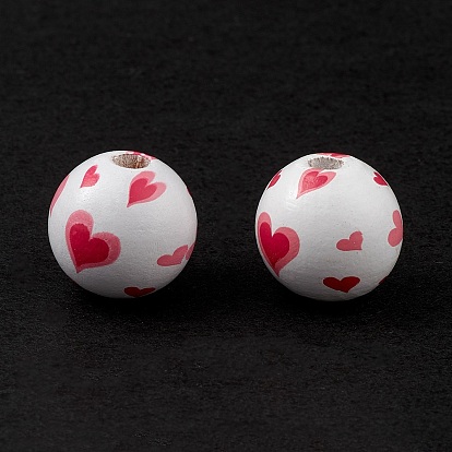 Printed Natural Wood European Beads, Large Hole Bead, Round with Heart Pattern