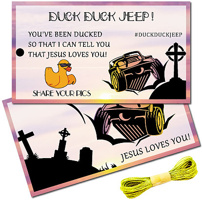 Бумажная карточка, поздравительная открытка, открытка с благодарностью, прямоугольник с космической уткой и словом "приятная поездка", с джутовым шпагатом