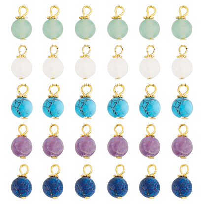 60Pcs Frosted Natural & Synthetic Gemstone Charms, with Golden Tone Alloy & Iron Findings, Mixed Dyed and Undyed, Round