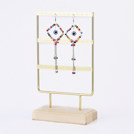 Iron 3-Tier Earring Display Stand, for Hanging Dangle Earring, with Wood Pedestal