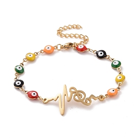 Vacuum Plating 304 Stainless Steel Heart Beat with Music Note Link Bracelet, Colorful Enamel Evil Eye Chains Bracelet for Women