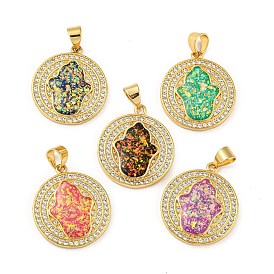 Brass Pendants Micro Pave Cubic Zirconia with Synthetic Opal, Real 18K Gold Plated, Flat Round with Hamsa Hand
