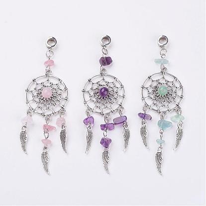 Tibetan Style Alloy European Dangle Charms, with Natural Chip Gemstone, Woven Net/Web with Feather