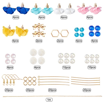 SUNNYCLUE DIY Flower Cloth Pendant Earrings Making Kits, include Alloy Links, Brass Cable Chains, Glass & Shell & Glass Pearl Beads, Brass Earring Hooks and Iron Findings