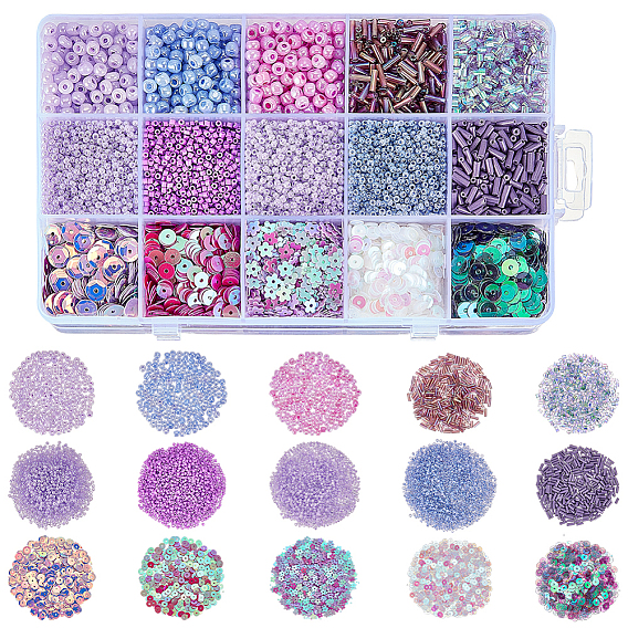 Наборы для самостоятельного изготовления украшений в фиолетовой тематике, включая пластиковую бусину-пайетку, бисер