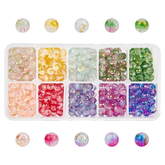 Perles de verre dépoli pulvérisation peints, avec une feuille d'or, ronde