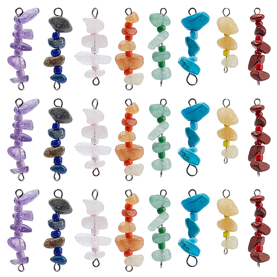 48 шт. 8 стили натуральные и синтетические драгоценные камни бисерные подвески-соединители, со стеклянными бусинами и 304 петлями из нержавеющей стали