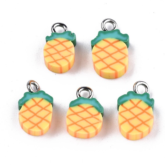 Handmade Polymer Clay Charms, with Platinum Tone Iron Findings, Pineapple