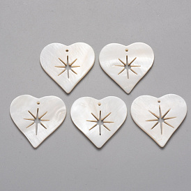 Natural Freshwater Shell Pendants, Heart with Hollow Star
