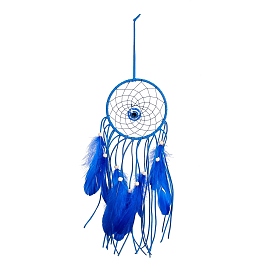 Handmade Round Evil Eye Leather Woven Net/Web with Feather Wall Hanging Decoration, with Iron Rings, Resin Pendants & Wooden Beads, for Home Offices Amulet Ornament