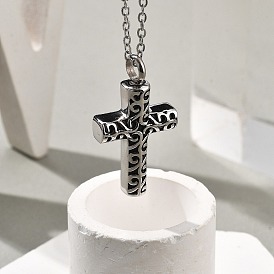 304 Stainless Steel Flower Textured Cross Urn Ashes Necklaces, Cable Chain Necklaces for Women Men