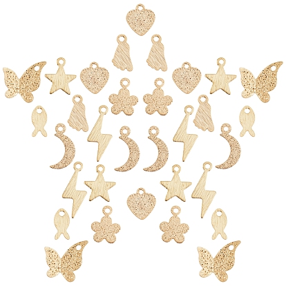 32Pcs 8 Style Brass Charms, Flower & Star & Foot & Lightning & Moon & Heart & Butterfly & Fish