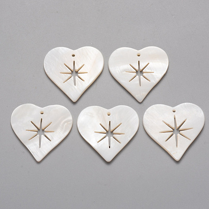 Natural Freshwater Shell Pendants, Heart with Hollow Star