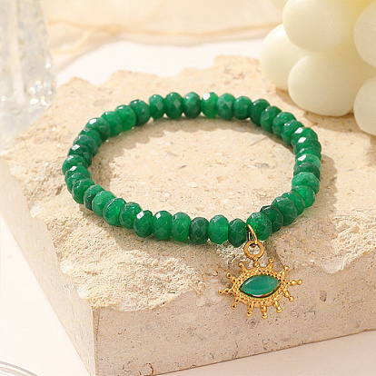 Natural White Jade Dyed Beaded Bracelets, with Stainless Steel Eye Pendants, Golden