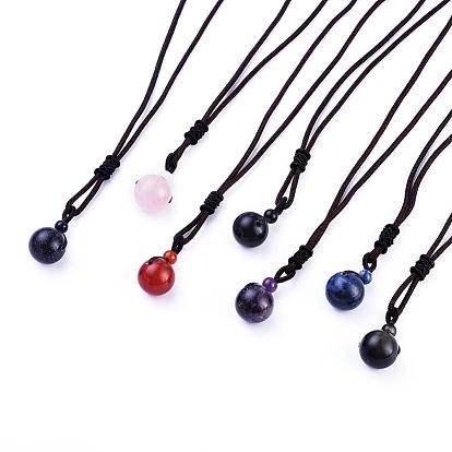 Gemstone Pendant Necklaces, with Nylon Cord, Round