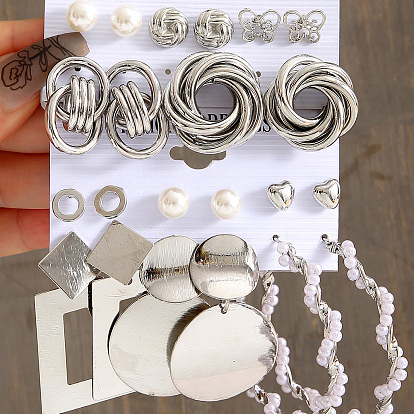 Geometric Alloy Earrings Set with Pearl - Silver, Exaggerated, Personalized Earrings.