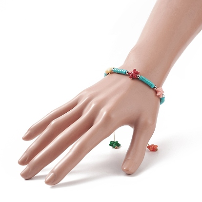 Dyed Synthetic Turquoise(Dyed) Heishi Beaded Bracelets with Dyed Synthetic Coral Starfish, Adjustable Nylon Cord Braided Bracelet