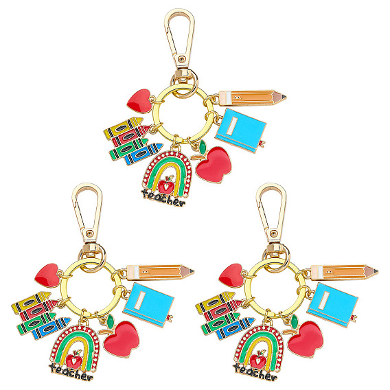 3Pcs Teachers' Day Zinc Alloy Enamel Keychains, with Split Key Rings, Golden, Apple/Pencil/Book