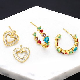 Retro Colorful Zircon Heart Earrings for Women with Fashionable Design and Exquisite Style