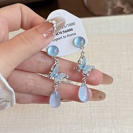 Alloy & Glass Teardrop Stud Earrings, Acrylic Butterfly Dangle Earrings for Women, Platinum