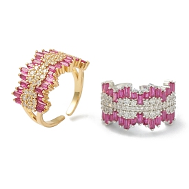 Brass Micro Pave Cubic Zirconia Cuff Rings, Open Rings, Deep Pink