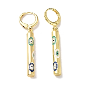 Real 18K Gold Plated Brass Dangle Leverback Earrings, with Enamel, Column with Evil Eye