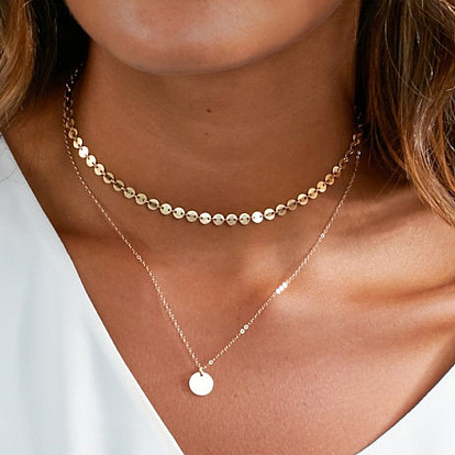 Round Sequin Choker Necklace - Double-layer Gold-plated Chain Necklace, Multi-layer Collarbone Chain.