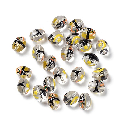 Transparent Glass Beads, Hand Painted Beads, with Enamel, Oval with Star & Rabbit