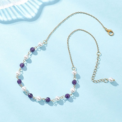 Женские ожерелья из круглых бусин с ракушечным жемчугом и натуральным аметистом, с 304 фурнитурой из нержавеющей стали