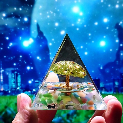 Orgonite Pyramid Resin Display Decorations, with Brass & Natural Peridot Chips Tree of Life Inside, for Home Office