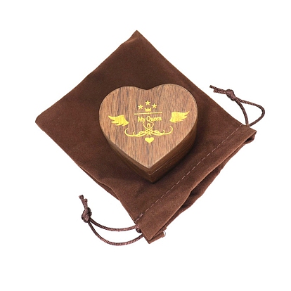 Heart Wood Couple Ring Storage Box, Gold Logo Wedding Ring Magnetic Gift Case with Velvet Inside and Drawstring Bags