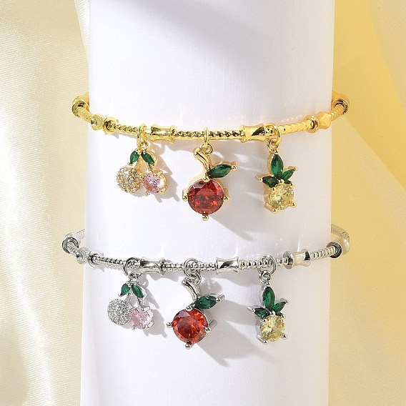 Браслеты с фруктовыми подвесками из латуни с микропаве из кубического циркония для женщин, вишня & яблоко & ананас, без свинца и без кадмия, долговечный