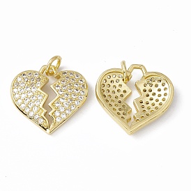 Rack Plating Brass Micro Pave Clear Cubic Zirconia Pendants, with Acrylic Bead and Jump Ring, Long-Lasting Plated, Cadmium Free & Lead Free, Breaking Heart