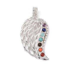 Vintage Chakra Mixed Gemstone Big Pendants, with Platinum Plated Alloy Findings, Cadmium Free & Lead Free, Wing Charm