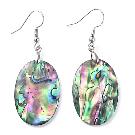 Abalone Shell/Paua Shell Dangle Earrings, with Brass Ice Pick Pinch Bails and Earring Hooks, Oval