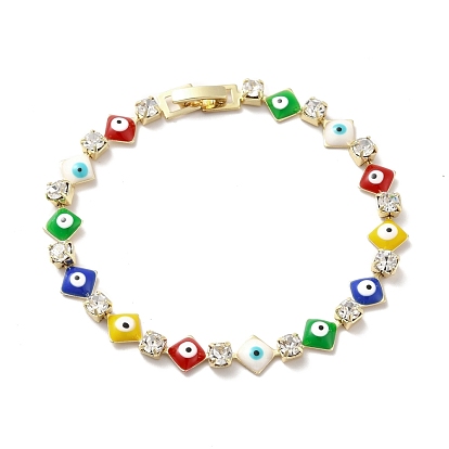 Rack Plating Iron Rhombus & Square Link Chains Bracelet, Enamel Evil Eye Bracelet with Clear Cubic Zirconia for Women, Golden