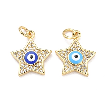 Brass Micro Pave Cubic Zirconia Pendants, with Enamel, Long-Lasting Plated, Real 18K Gold Plated, Star with Evil Eye